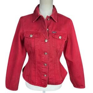 Faconnable Denim Jacket Women Size Small Red Button Up Peplum French Classic